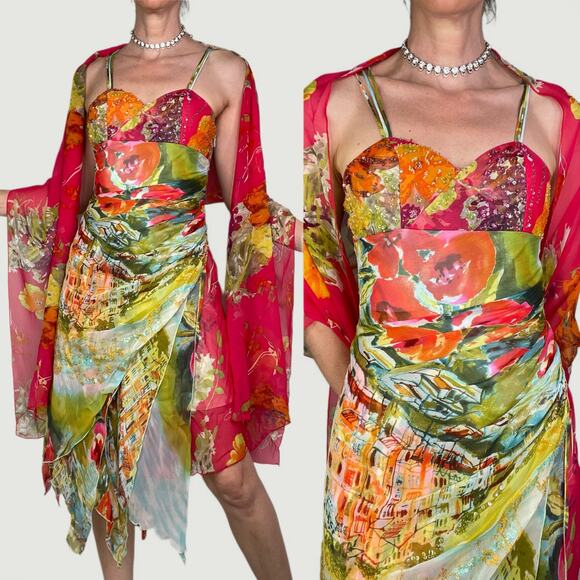 Diane Freis beaded sequin silk fairy dress georgette vintage Y2K